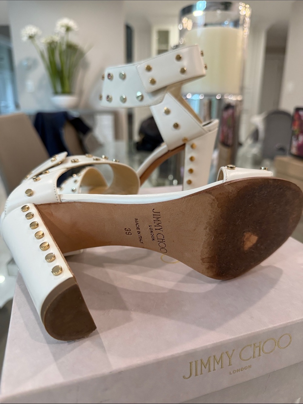Jimmy Choo White Studded Block Heel Sandals with Ankle Cuff size 39 - Picture 3 of 9